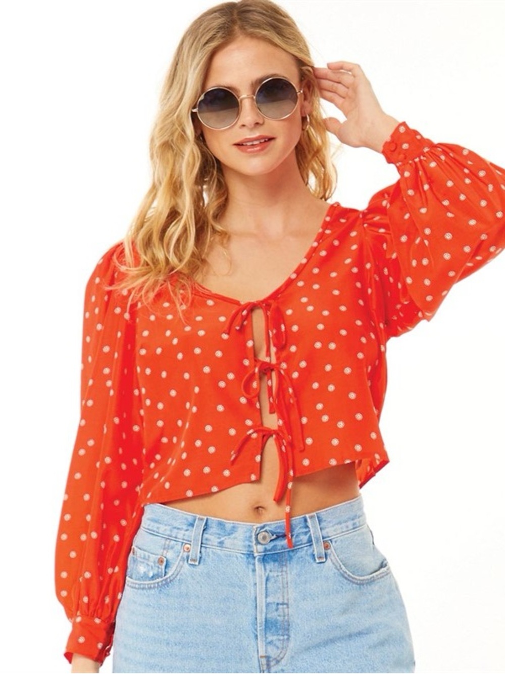 Levi’s Fawn Retro 60s Foulard Print tie blouse in bright orange